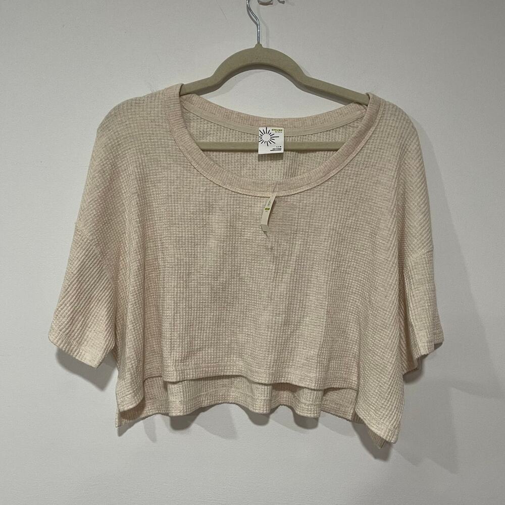 Aerie Cream Waffle Knit Cropped T-Shirt Lounge Cozy Boho